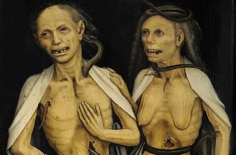 Mrtví milenci (nebo Hnijící pár), nejmenovaný mistr ze Švábska/Horního Porýní (kolem 1470, olej)
